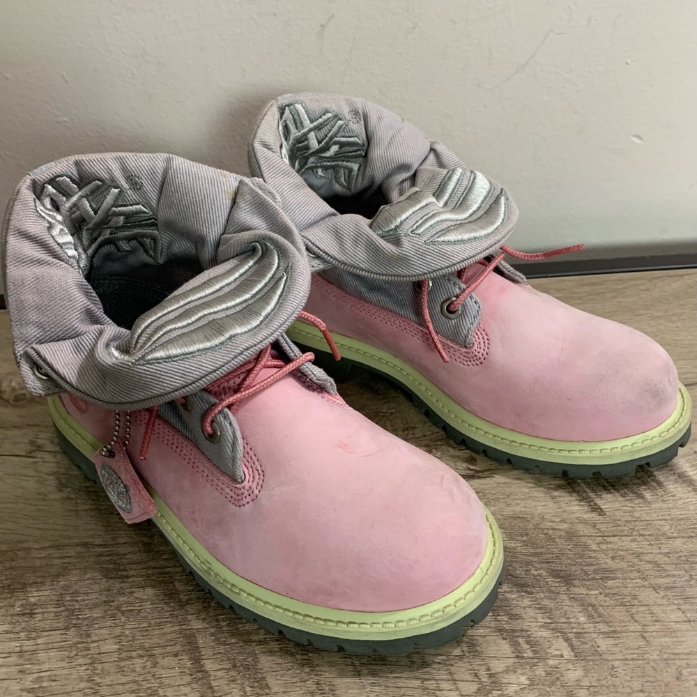 Girl's TIMBERLAND Roll Top 27364 PINK & GRAY LEATHER Lace Up WORK Combat BOOTS